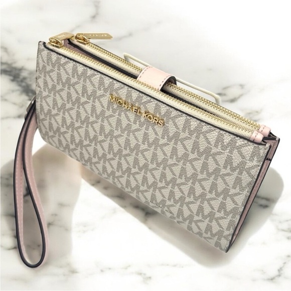 Michael Kors Large Jet Set Travel Double Zip Wallet Powder Blush Multi - Picture 7 of 9